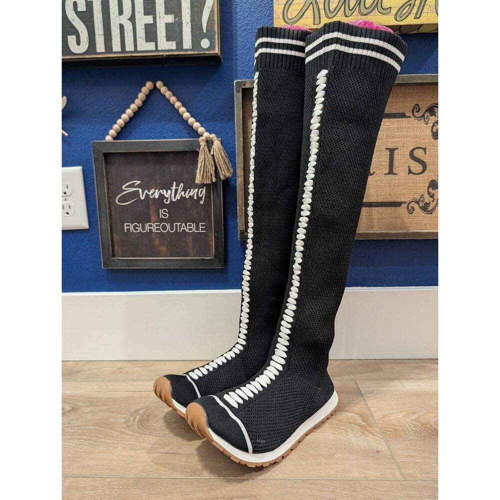 Black Knit Over the Knee Sneaker Boots Size 43 Women's 12 Tall Festival - Picture 4 of 16